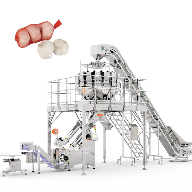 เครื่องบรรจุถุงตาข่ายมันฝรั่งอัตโนมัติ / เครื่องบรรจุถุงตาข่ายขิง / เครื่องบรรจุถุงตาข่ายผลไม้รสเปรี้ยวสำหรับซูเปอร์มาร์เก็ต