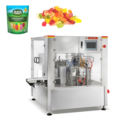 เครื่องบรรจุกระเป๋าสตางค์ PLC ที่ทําจากเดิม ของหวานอ่อน ของหมียาง น้ําตาล กระเป๋าซิปเปอร์ เครื่องบรรจุกระเป๋าหมุน