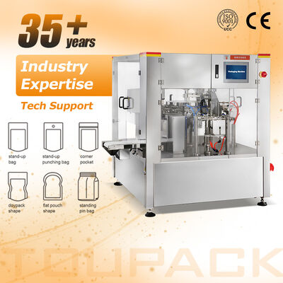 เครื่องบรรจุ Doypack โรตารีเกรดอาหารที่ได้รับการรับรอง CE สำหรับขนมถั่วถุงซิปสำเร็จรูป